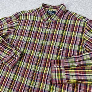 Vintage Polo Ralph Lauren RL Western Shirt Mens XXL Plaid Metal Snap Long Sleeve